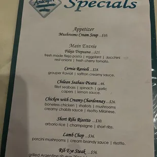 Specials menu