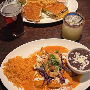 seafood enchiladas and birria torta