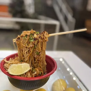 Anti-gravity shrimp and sausage noodles