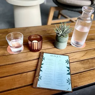 a menu and a glass of water