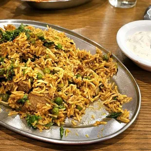 Lamb biryani,  get mild if you don&apos;t eat india food often. It was flavourful, but too spicy. I had to stop eating
