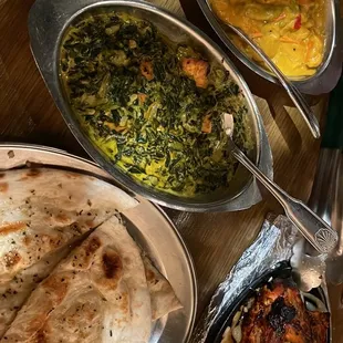 Butter Garlic Basil Naan, Mixed Tandoori Grill, Sag Paneer, Vegetable Coconut Curry, Rayta