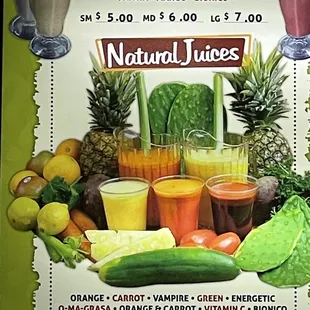 Juices menu