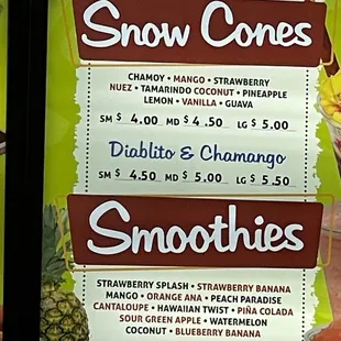 Snow cone &amp; smoothie menu