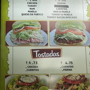 Tortas and tostados menu