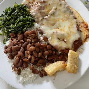 -Beef Parm  -White rice w/ brown beans  -Collard greens  -Fried yuca
