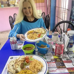 Special today, quesadilla with rice and beans.