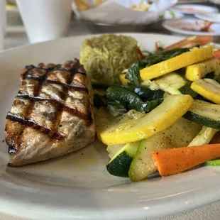 Salmon Las Lomas, garlic sauce on the side (my 10 year old son ordered, and ended up loving the sauce and drenching it!