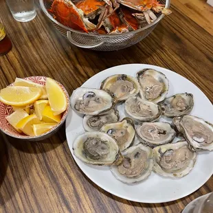 Cooked crabs and self shucked oysters. Provided by Anastasi