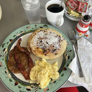 2 strips bacon, 2 eggs, 2 sausage and 2 pancakes