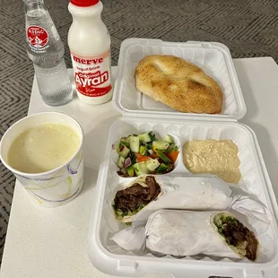 Turkish Döner Kebap Wrap that came with humus and a side salad &amp; Lemon Chicken Soup with a side of fresh bread