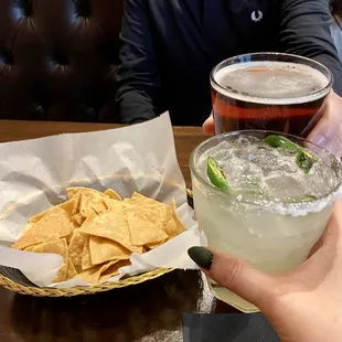 Spicy margarita and Dos Equis on draft