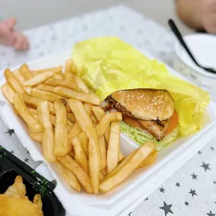 Chicken teriyaki burger with fries