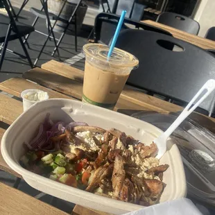 Sammy's lunch with chicken, iced oat milk latte and side of pita and garlic yogurt sauce $20.