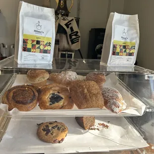 Coffee bags for purchase and pastry box, almost sold out of cookies