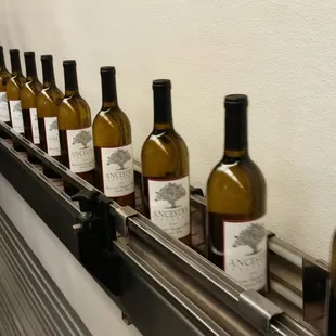 a line of wine bottles on a conveyor belt