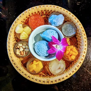 Vegan ice milk dessert with exotic toppers. SPECTACULAR!