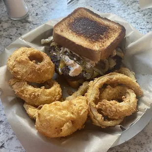 Patty melt with onion rings