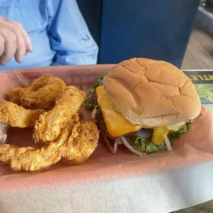 Retha Burger with onion rings