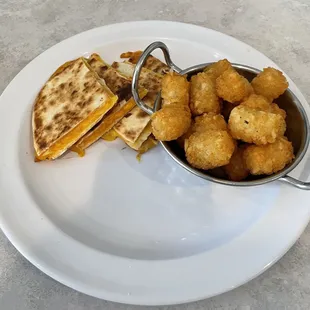 Kids cheese quesadilla and tots
