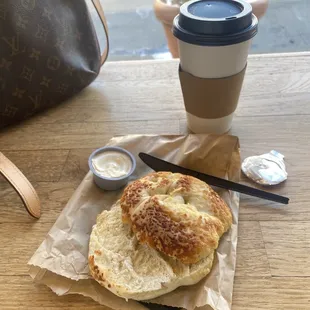 Asiago bagel and a medium vanilla latte