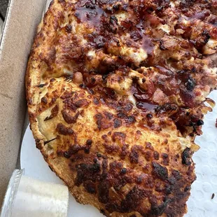 BBQ chicken pizza a little well done.