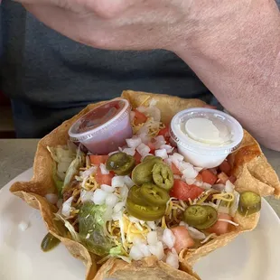 Taco salad with homemade chili inside