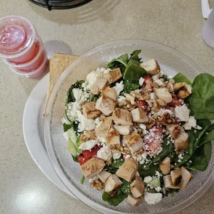 Strawberry spinach salad (w/feta,chicken, tomato, onion, croutons,walnuts, pita)