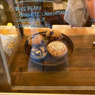 pastries on display in glass case