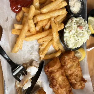 Beer battered cod with Cole slaw &amp; beet battered fries.