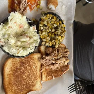 Pulled chicken from the pit. Cole slaw &amp; roasted corn sauce des