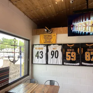 a sports jersey display in a restaurant