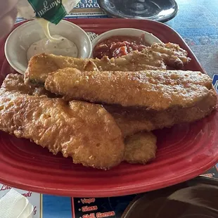 Zucchini strips with marinara and ranch dressing