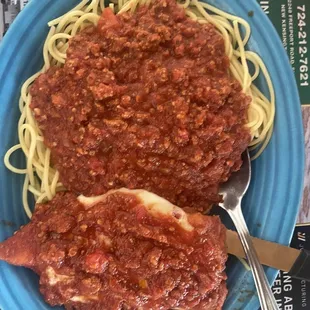 Chicken Parmesan with spaghetti