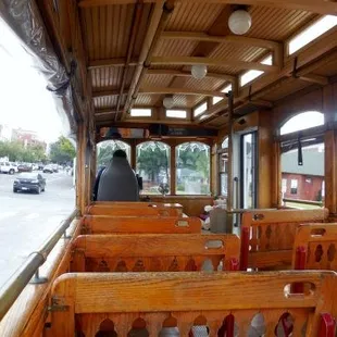 Interior of one trolley, you can see our Victorian village in the background.