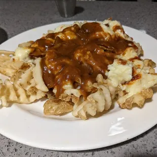 Poutine waffle fries.