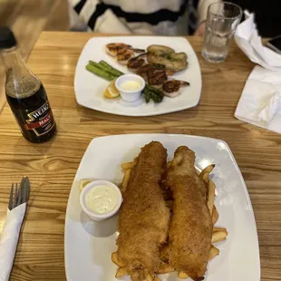 Fish and chips and skewered prawns