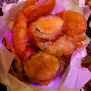 Vegetable combo - has fried onion rings, carrots, zucchini, and mushrooms.
