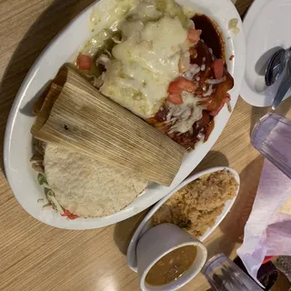Two Shredded Chicken Enchiladas, Beef Taco, Tamale, And Chile Relleno