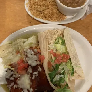 Two Shredded Chicken Enchiladas, Chicken Taco, And Tamale