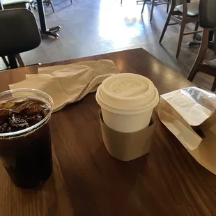 16 ounce cold brew coffee ($3.75), 12 ounce latte ($4.50), and blueberry muffin ($4.00)