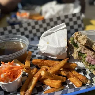 Broth, pickled veggies, french fries, and sandwich!