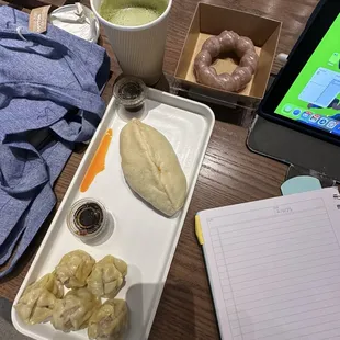 Food from the dining hall Stuffed (pork and shrimp steamed shumi and kimchi pork bun) and &amp; Coffee (matcha latte with lavender and vanilla)