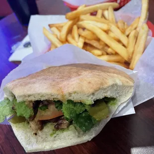 Chicken pita sandwich and fries