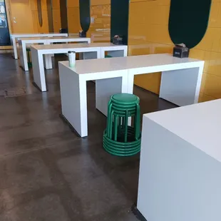 Dining room, seats are kept stacked.