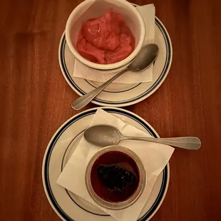Dessert. Sorbet and Blueberry Cheesecake.