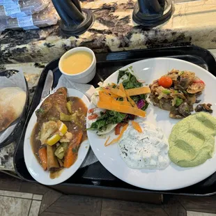 Spinach Hummus Dip, Tzatziki Dip, Balsamic Mushrooms, Spinach &amp; Cabbage Salad, Broiled Lamb Shank, Zatar Bread
