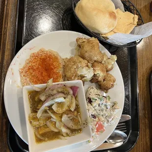 Roasted Cauliflower, Curry Chicken, Baba Ganoush (Moutabal) Dip, pita bread, chicken salad.