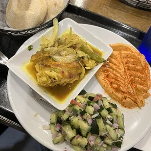 Curry chicken, cucumber salad and Spicy Hummus Dip.