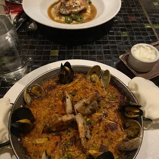 Chicken entree and Andaluca Paella